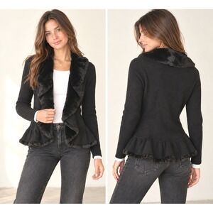 TSE Black Cashmere Fur Trim Open Front Cardigan Small Luxury Whimsigoth Ruffle